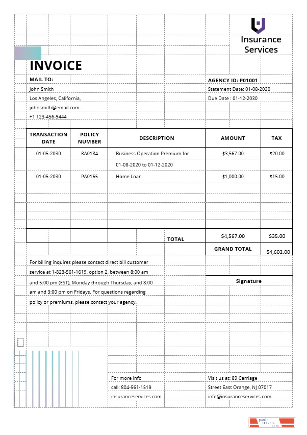 Insurance Agency Invoice Template PSD template